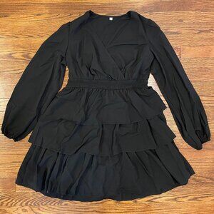V-Neck Black Long Sleeve Flowy Dress